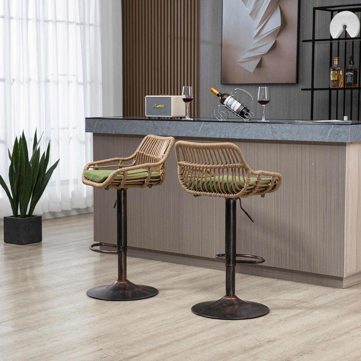 BARHOCKER 2er-Set drehbar mit Rattan und Höhenverstellung, Grün - Grün, Textil (49/89/48cm)