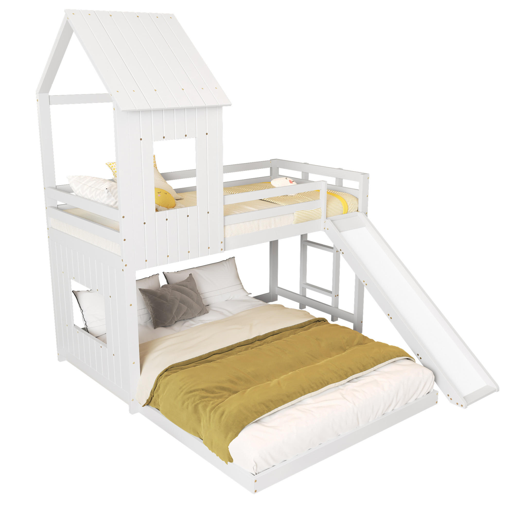 ETAGENBETT mit Rutsche und Leiter 90x200/140x200 cm Kiefer/MDF Weiß - Weiß, Holzwerkstoff (90/200cm) - Beauniv