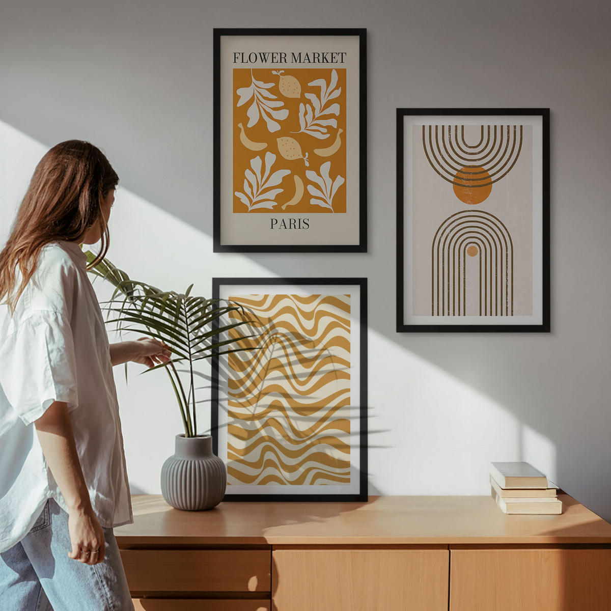 WANDBILDER 3er-Set - 40x60 cm Schwarzer Rahmen - Poster mit geometrischen Pflanzenmustern - Schwarz, Kunststoff (40/60cm) - ArtPrintCave
