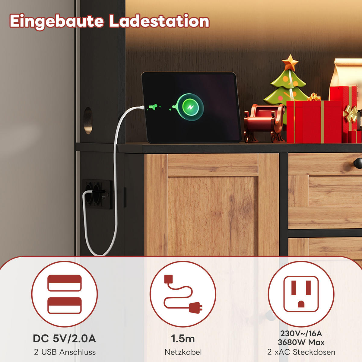 BUFFET DE-38659 180/105/40 cm LED-Beleuchtung und integrierte Steckdose Natur - Naturfarben, Holzwerkstoff (105/180/40cm) - ComfortXL