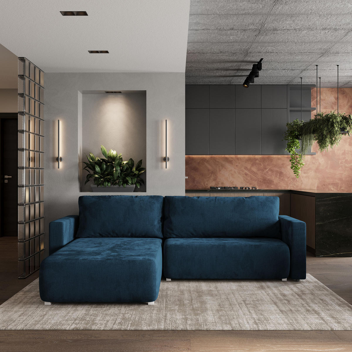 ROHOVÁ SEDAČKA TURIN modrá - šedá/modrá, dřevo/textil (265/183cm) - MASSENO