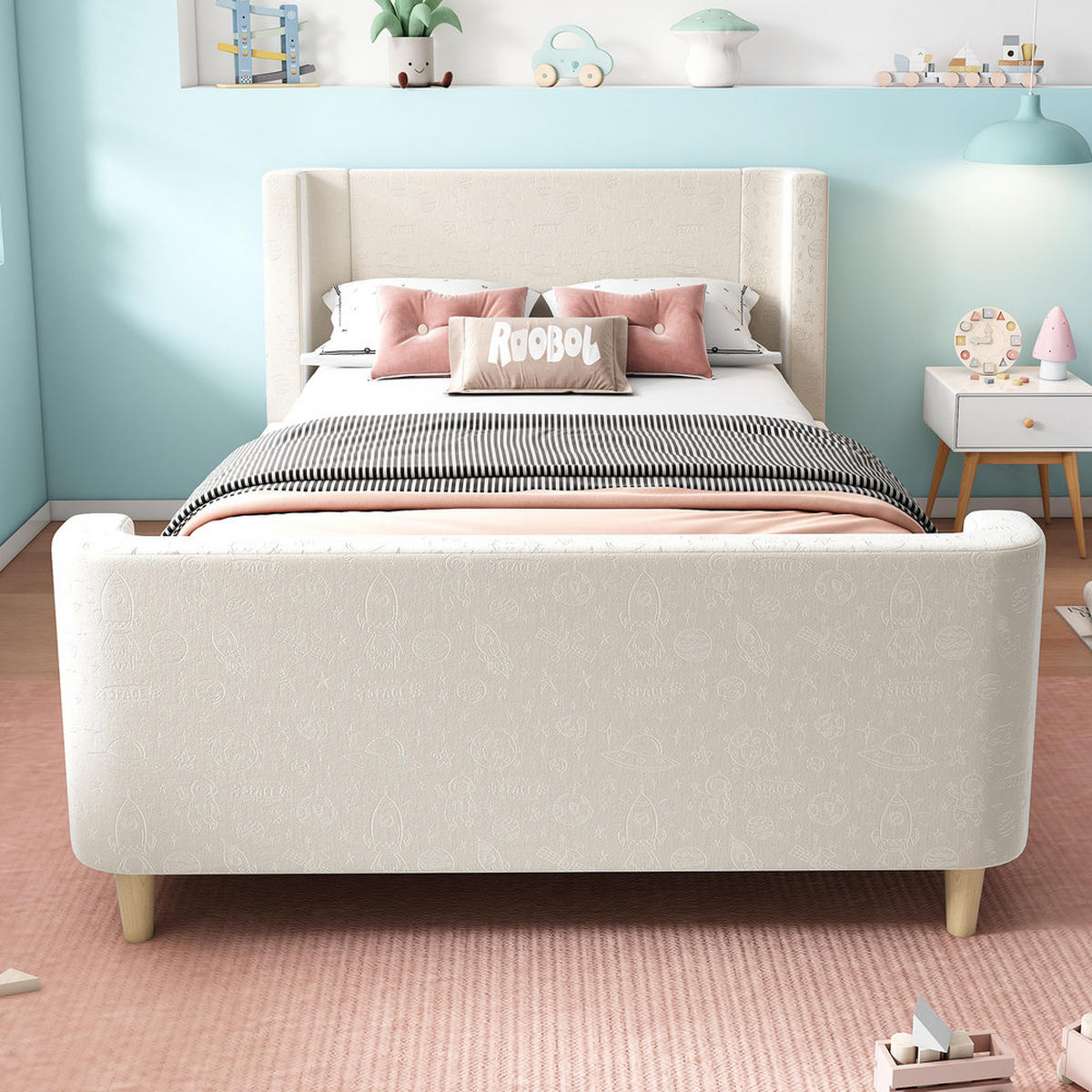 KINDERBETT 90x200cm Schlittenbett Kosmisches Muster Samt Beige - Beige, Holz - FLIEKS