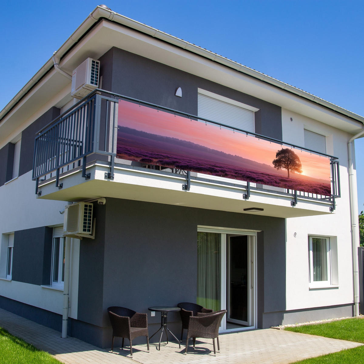 BALKON-SICHTSCHUTZ Baum - Heidekraut - Sonnenaufgang - Flieder, Kunststoff (500/110cm) - MuchoWow