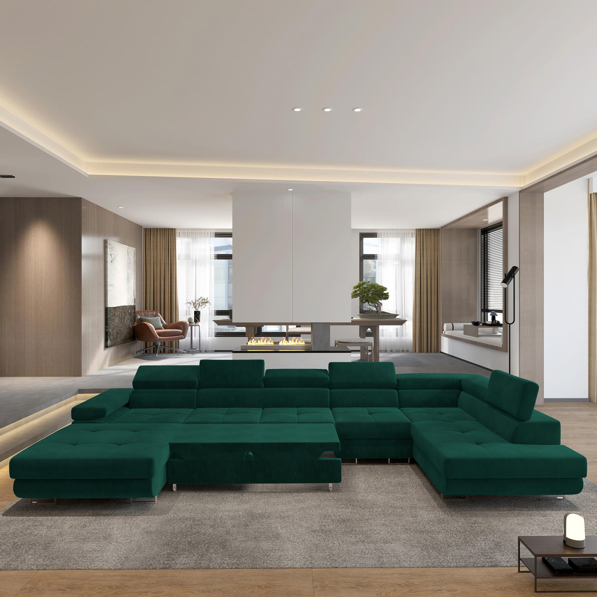 WOHNLANDSCHAFT VELORA R-S Grün Velours-Stoff mit Schlaffunktion - Grün, Holz (419/90/202cm) - MASSENO