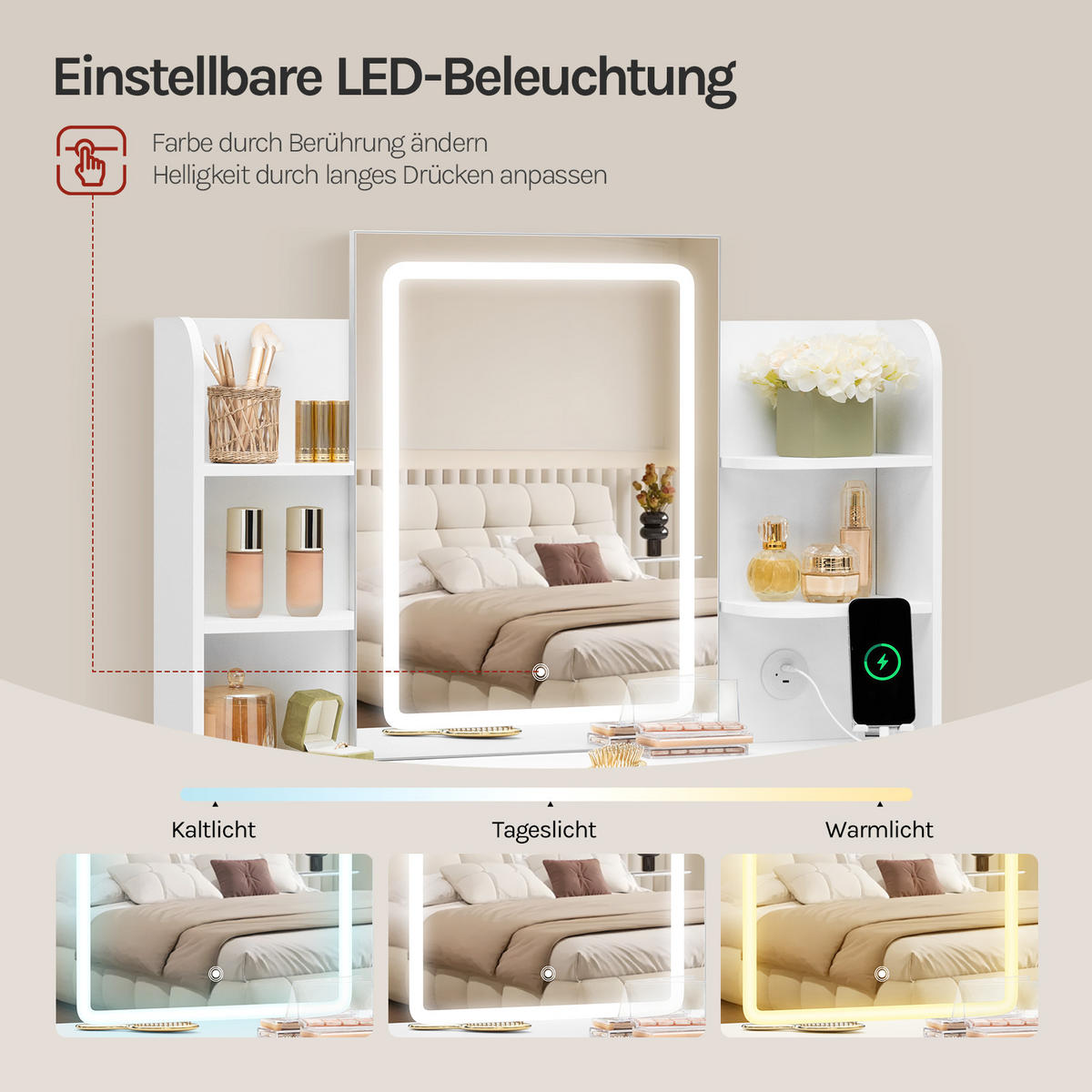 SCHMINKTISCH mit LED-Beleuchtung Spiegel Weiß - Weiß, Glas/Holzwerkstoff (90/135/40cm) - Woltu