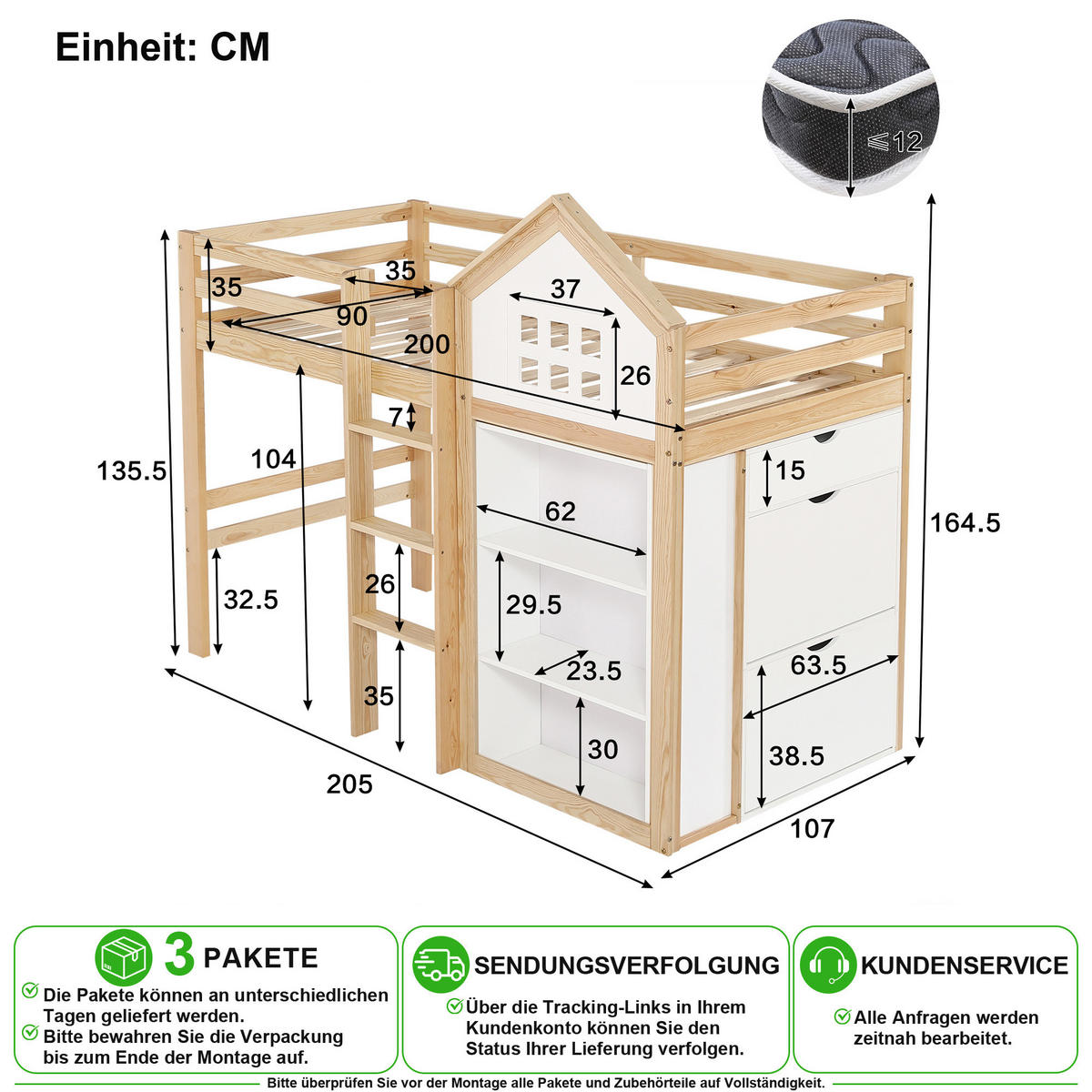 HOCHBETT 90/200 cm in Weiß & Natur mit 3 Schubladen, Staufächern und Haus-Design - Naturfarben, Holz/Holzwerkstoff (90/200cm) - CHICFURN