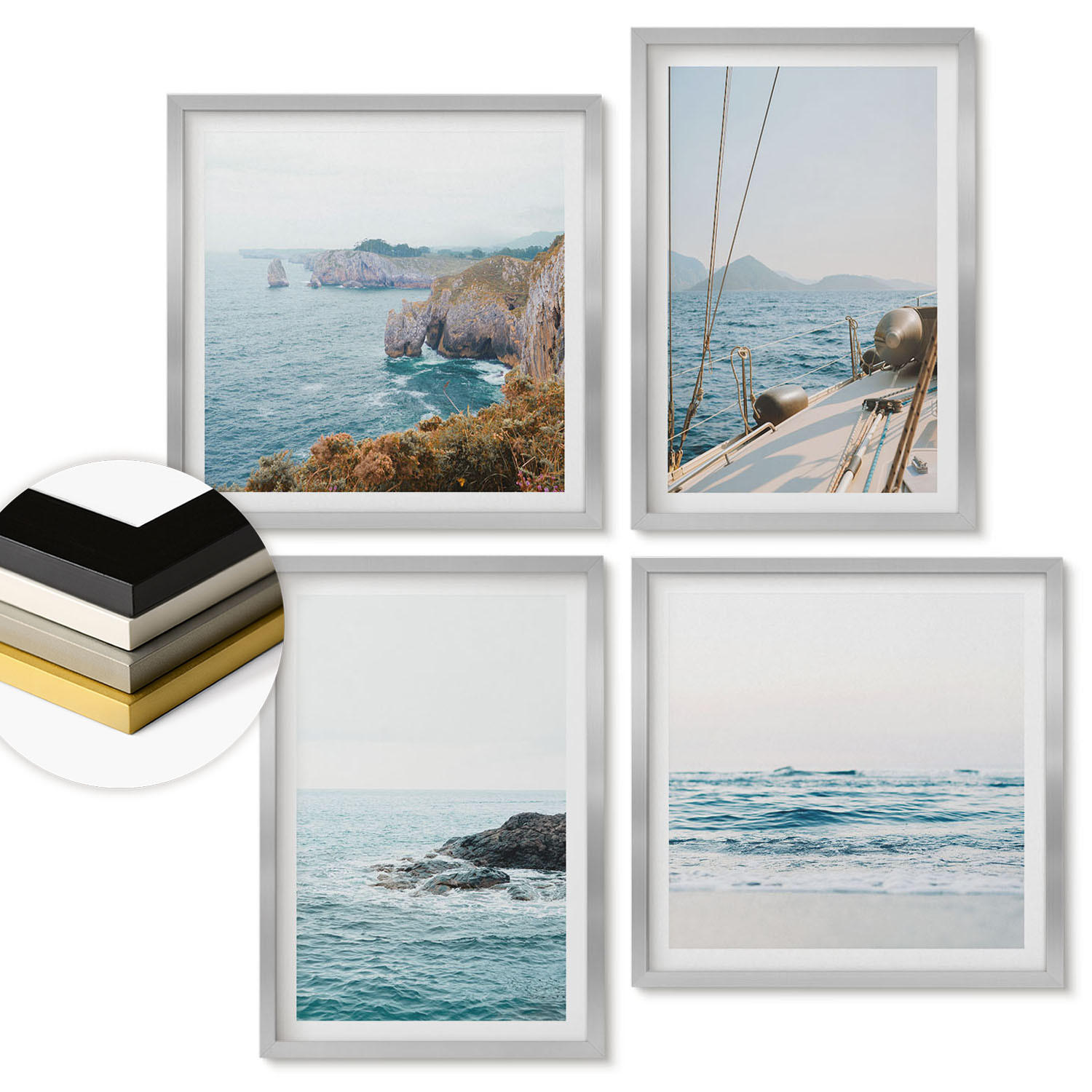 WANDBILDER 4er Set - 50x50 cm & 40x60 cm Silberner Rahmen - Küstenlandschaftsblick - Silberfarben, Kunststoff (50/50cm) - ArtPrintCave