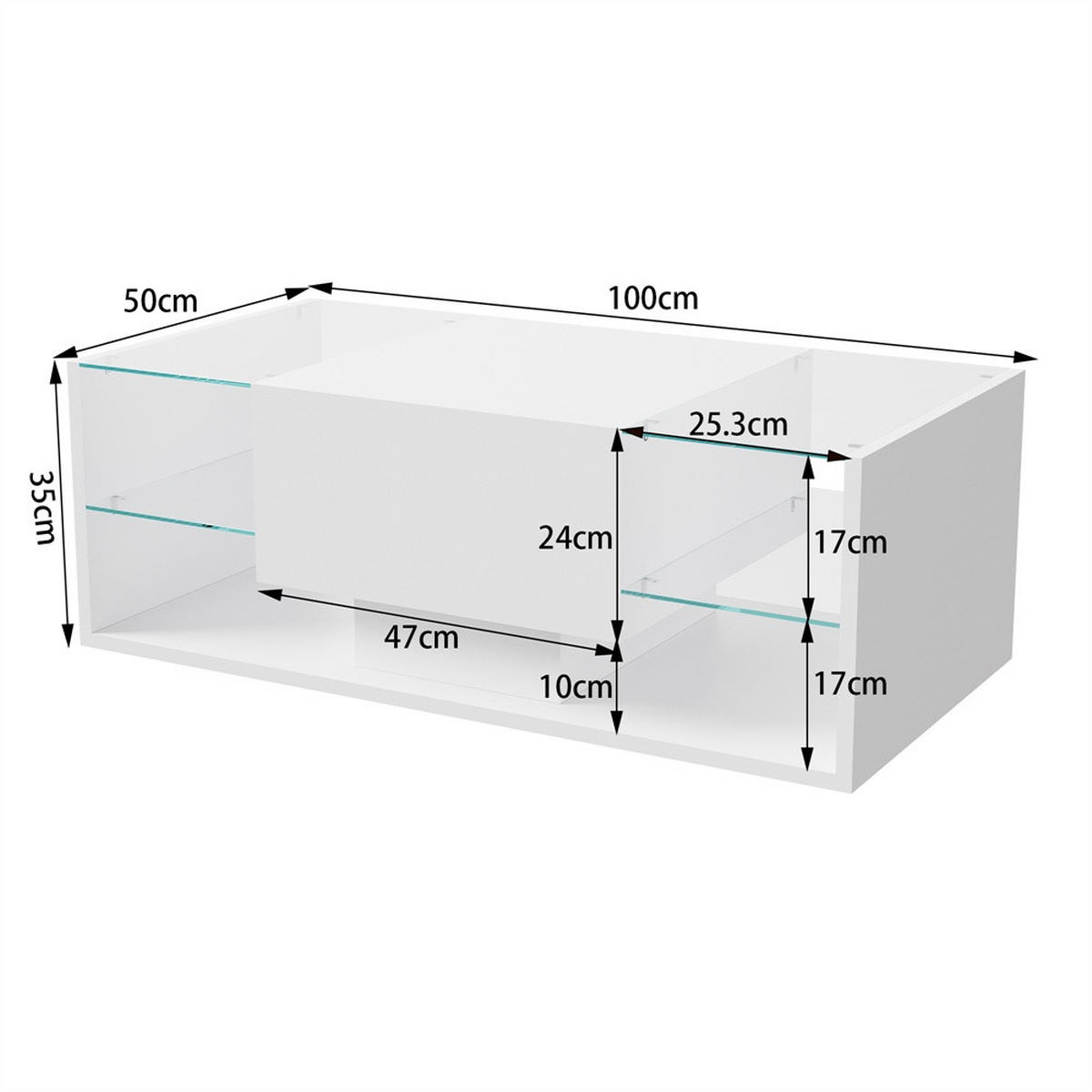 COUCHTISCH mit RGB-LED-Beleuchtung und Glasablagen - Hochglanz - Wohnzimmertisch rechteckig - Weiß - Weiß, Holzwerkstoff (100/50/35cm) - DELFA