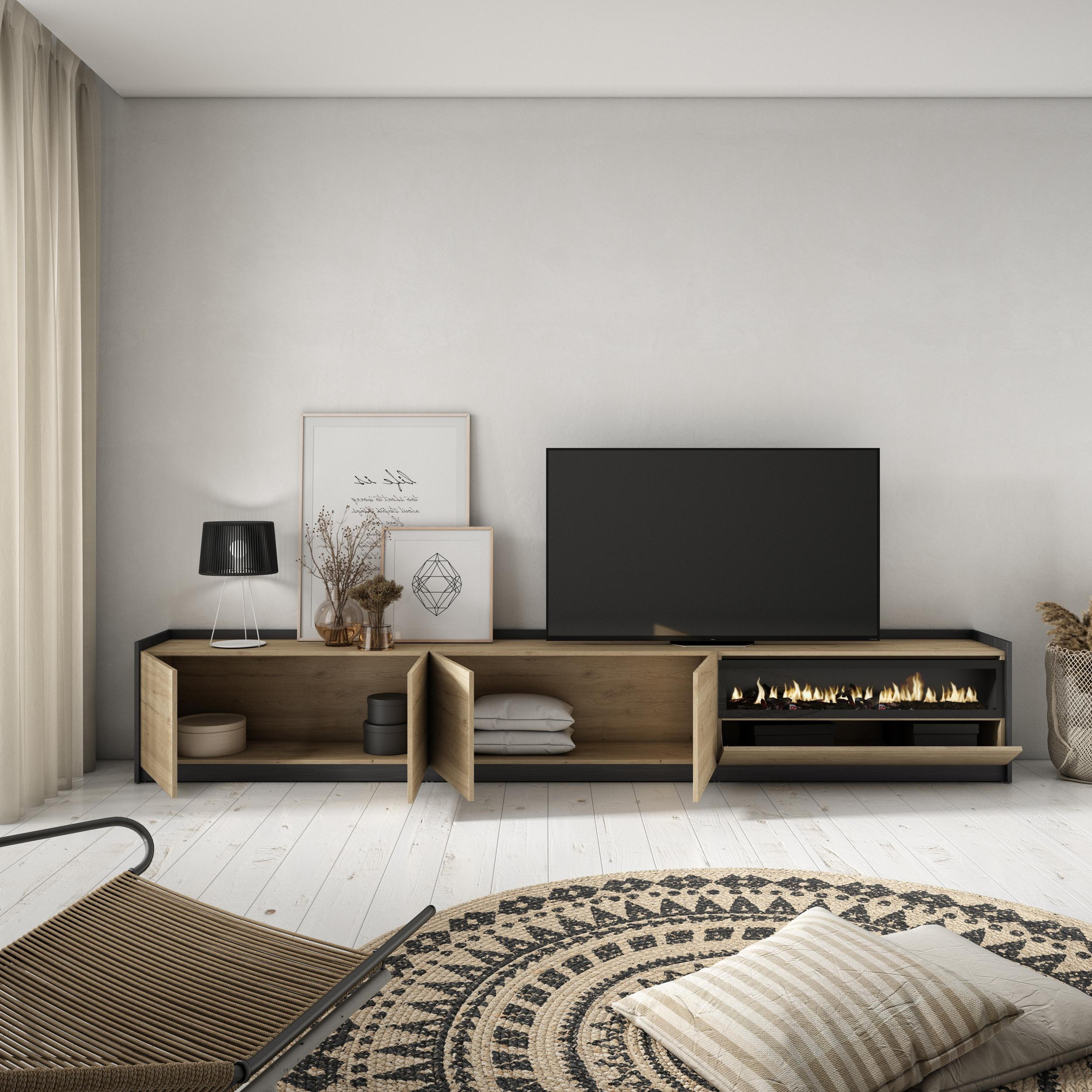 TV-SCHRANK, Lowboard, Eiche Schwarz, Elektrokamin, 310/37/50cm - Eichefarben, Holzwerkstoff (310/50/37cm) - Skraut Home