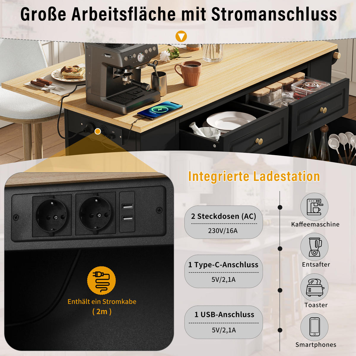 KÜCHENINSEL 120x70x91.5cm Schwarz mit Ausziehplatte & Rollen - Schwarz, Holzwerkstoff (120/91.5/70cm) - Modfu