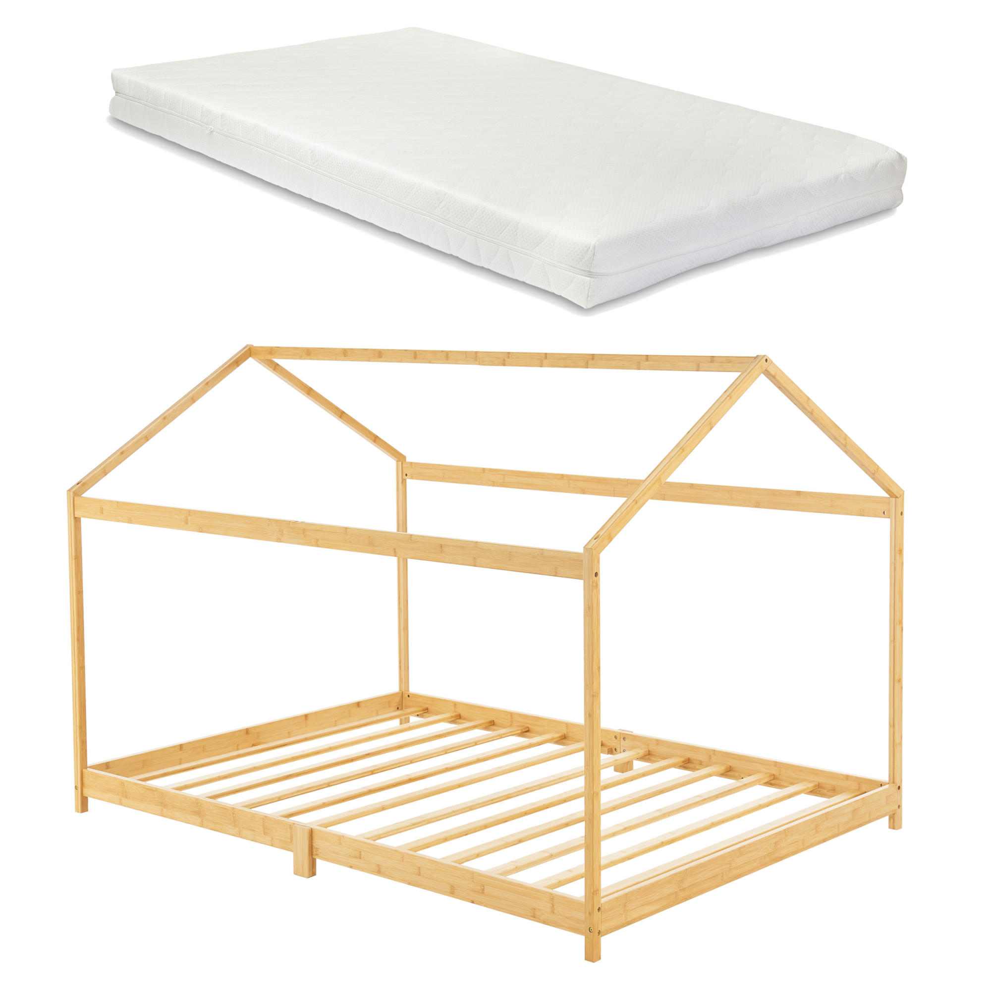 HAUSBETT Vindafjord mit Matratze - Naturfarben, Holz/Textil (90/200cm) - [en.casa]