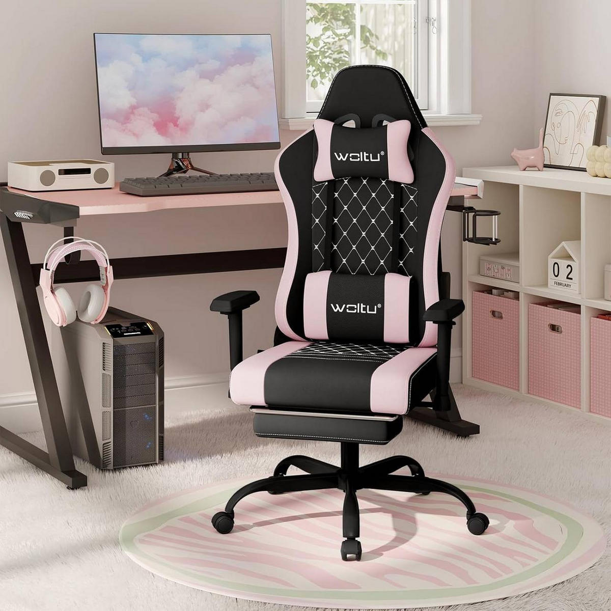 GAMINGSTUHL mit Lendenkissen, Massagefunktion, Schwarz+Rosa - Schwarz/Rosa, Textil/Metall (70/129/57.5cm) - Woltu