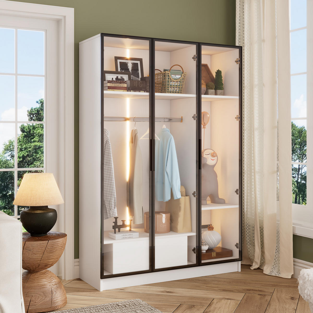 HIGHBOARD in Weiß Kleiderschrank mit 3 Glastüren, 1 Schublade und 1 Kleiderstange für Schlafzimmer, B110/T50/H160cm - Transparent/Weiß, Glas/Holzwerkstoff (110/160/50cm) - STILVORA