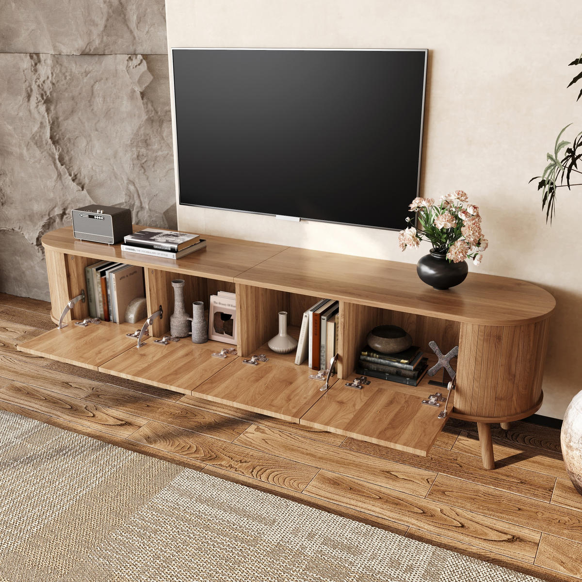 TV-SCHRANK 180cm 4 Türen Goldgriffe Holzbeine modern - Eichefarben, Holzwerkstoff (38/47/180cm) - FLIEKS