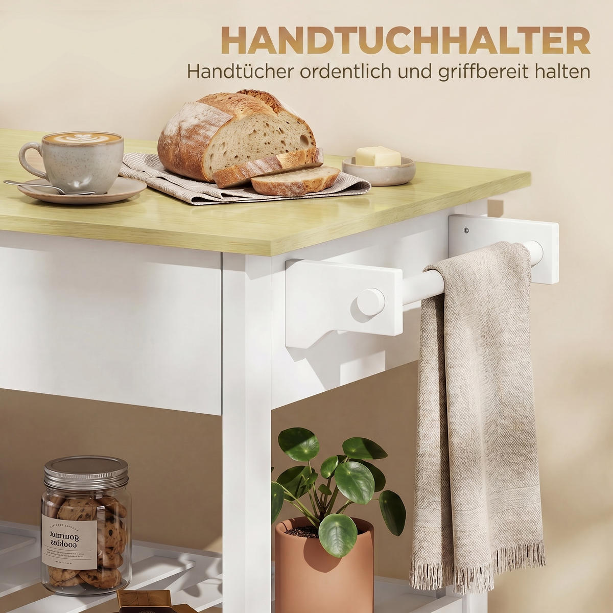 KÜCHENWAGEN, Rollende Kücheninsel mit Arbeitsplatte, großem Stauraum, 2 offenen Regalen, Handtuchhalter, Weiß - Multicolor, Metall (108.8/92.5/51cm) - FORIOUS