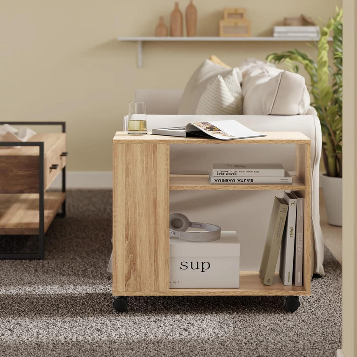 COUCHTISCH mit Rollen 2 Ebenen 70x35x60 cm Ablagefach - Naturfarben, Holz (35/70/60cm) - Kaket