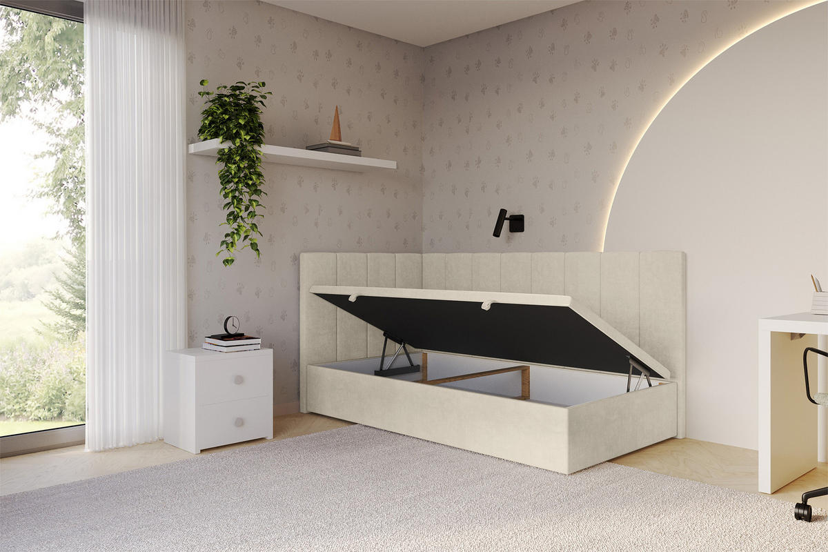 EINZELBETT Jugendbett mit Bettkasten Rechts, ohne Matratze - LOVY 90x200 Beige - Cappuccino, Holzwerkstoff/Textil (90/200cm) - ALTDECOR