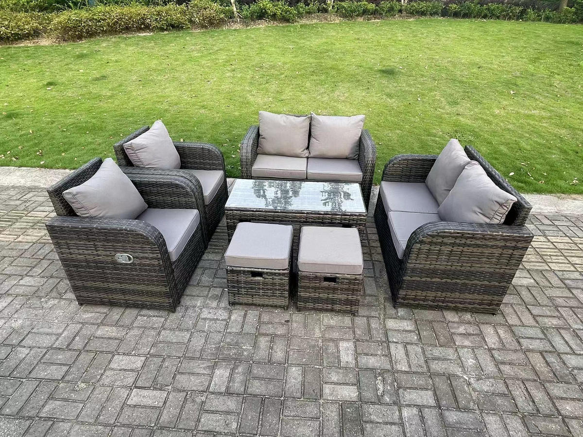 GARTENSET Polyrattan 7-Sitzer - Dunkelgrau/Grau, Glas/Kunststoff - Fimous