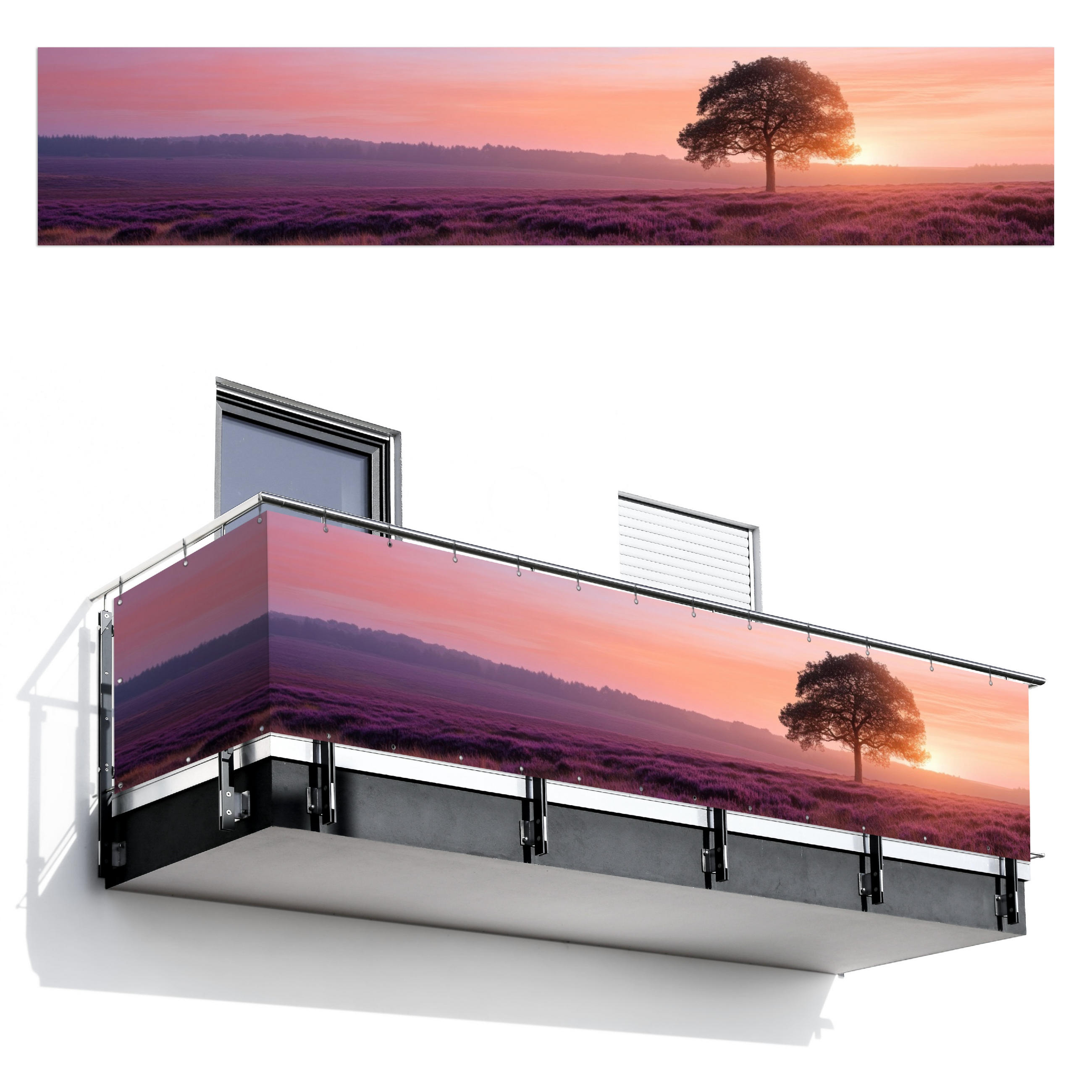 BALKON-SICHTSCHUTZ Baum - Heidekraut - Sonnenaufgang - Flieder, Kunststoff (500/95cm) - MuchoWow