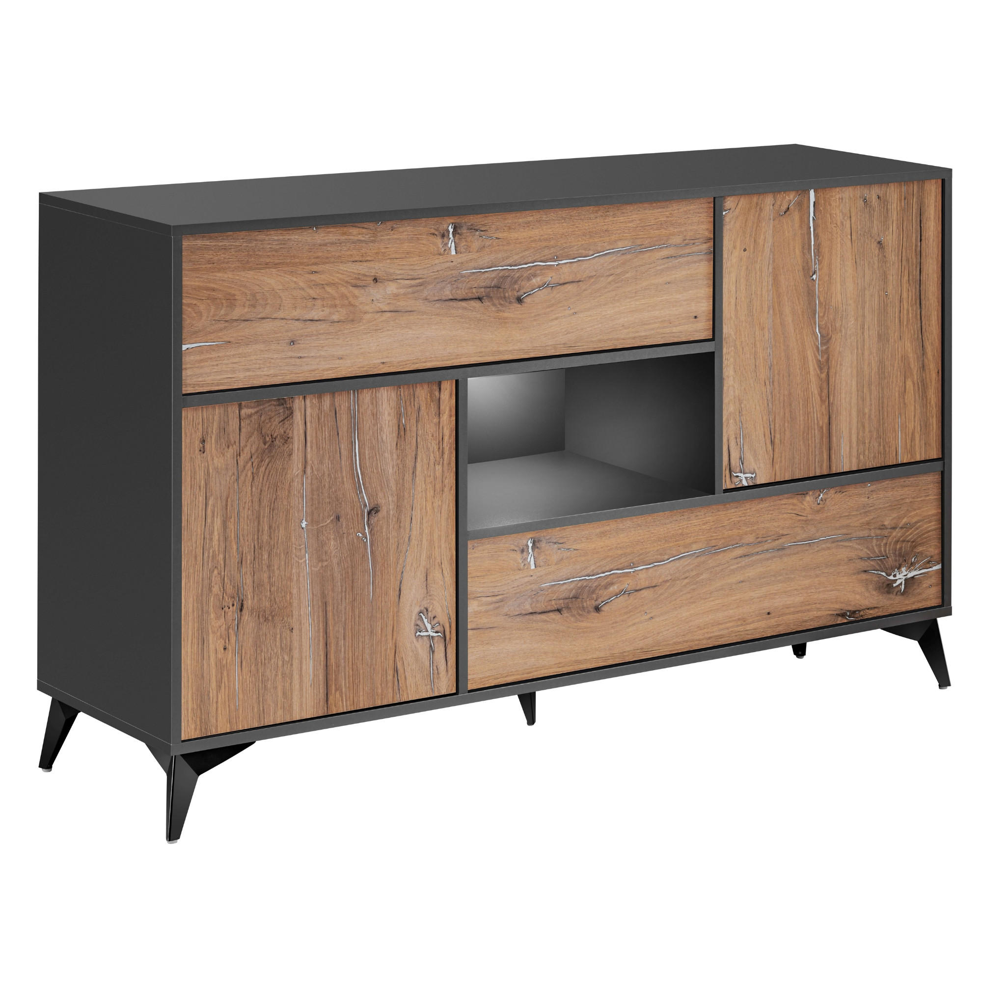 SIDEBOARD ORVIETO KOM4D, 4 Türen, 7 Schließfächer, Eiche, Anthrazit, Weiß LED Beleuchtung - Eichefarben/Anthrazit, Holzwerkstoff (149.5/89/40cm) - Komodee