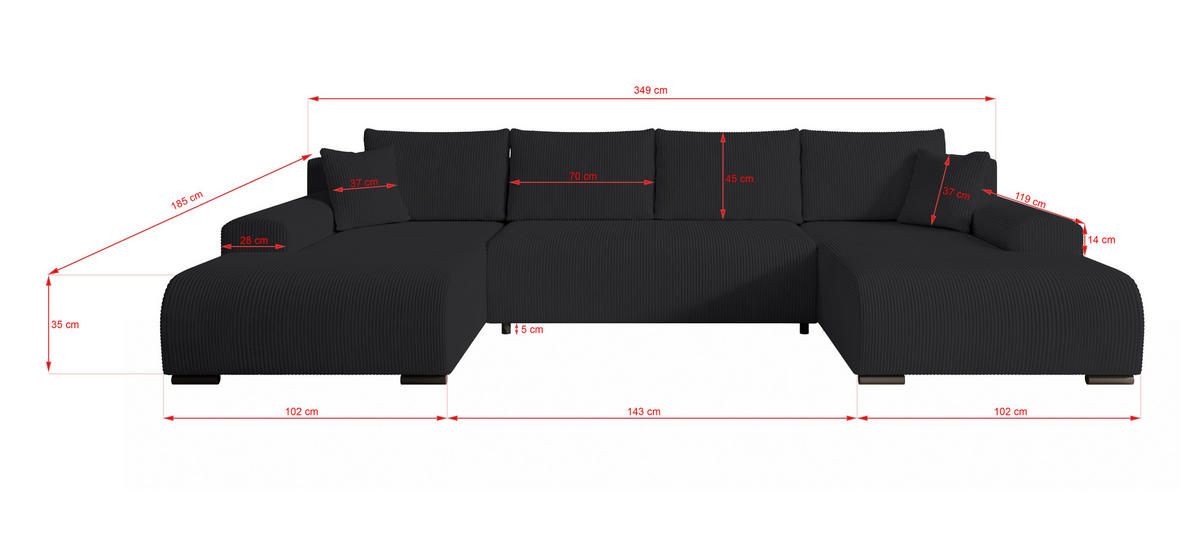 WOHNLANDSCHAFT Nelly U mit Bettkasten und Schlaffunktion, Cordstoff in U-Form - Schwarz, Textil (349/80/185cm)