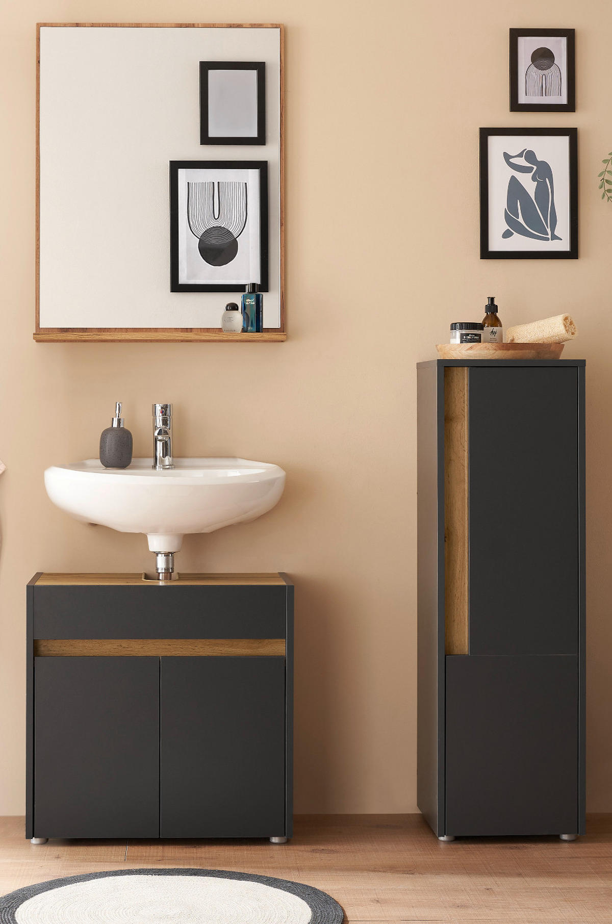 BADMÖBEL-SET 3-teilig grau matt, Wotan Eiche, Badkombination 114 cm - Eiche Wotan/Schwarz, Glas/Holzwerkstoff (116/200/34cm) - Furn.Design