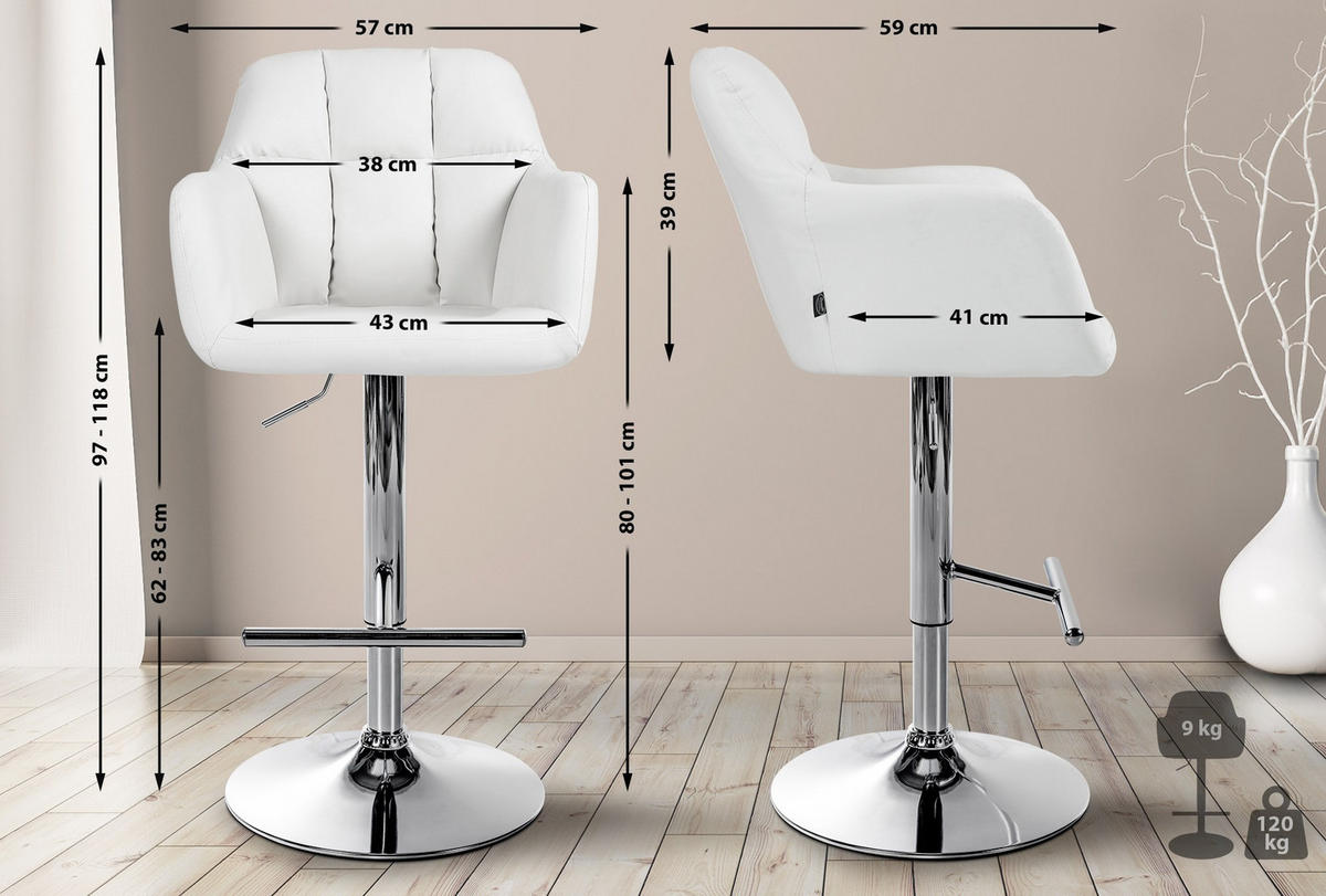 BARHOCKER Natoma Kunstleder 97-118 cm weiß - Weiß, Leder (57/97/59cm) - furnicato