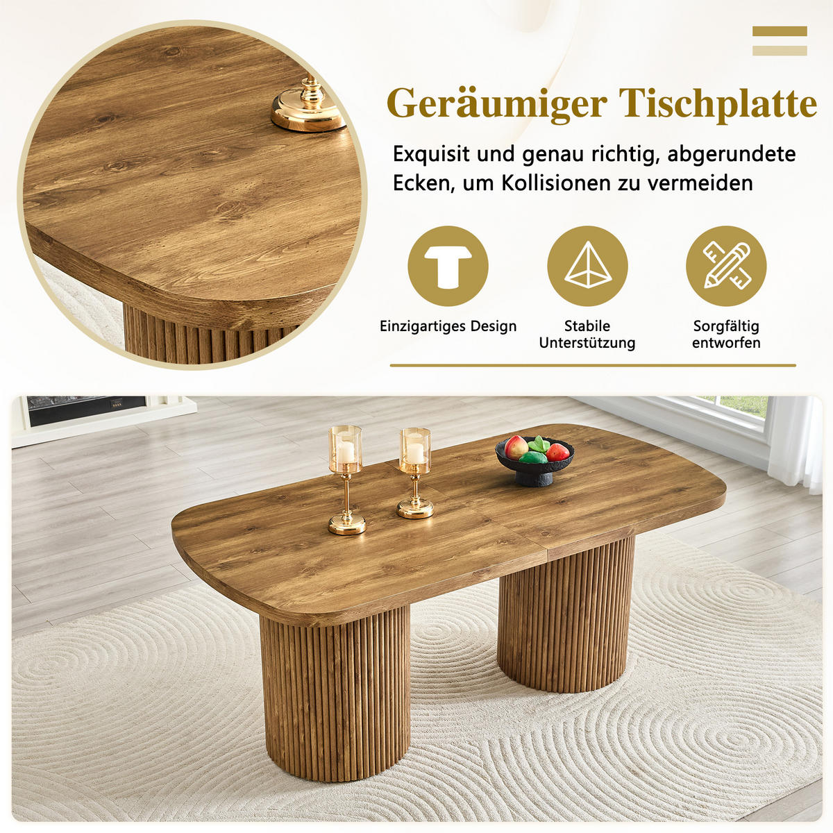 ESSTISCH MDF 6–8 Personen geriffelte Zylinderfüße Wabi Sabi Mid Century Design modern - Naturfarben, Holzwerkstoff (180/90/76cm) - EVRYAE
