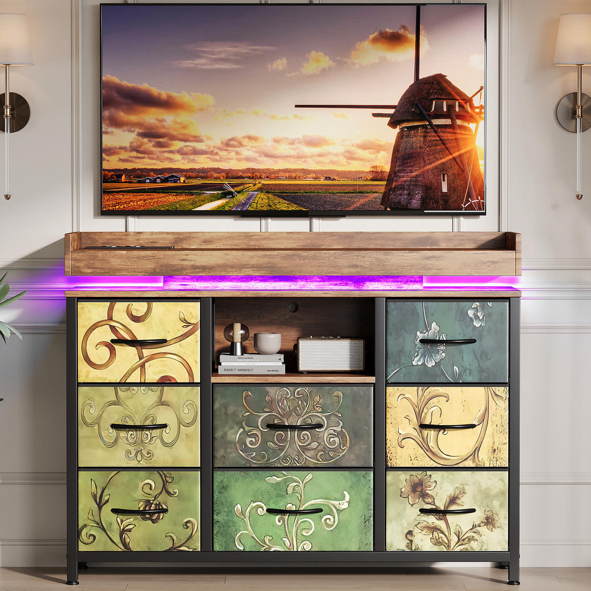 KOMMODE 8 Schubladen Braun-Grün, RGB-LED, USB, 108x30x82cm - Multicolor, Holz (30/82/108cm) - SHOPENTRA