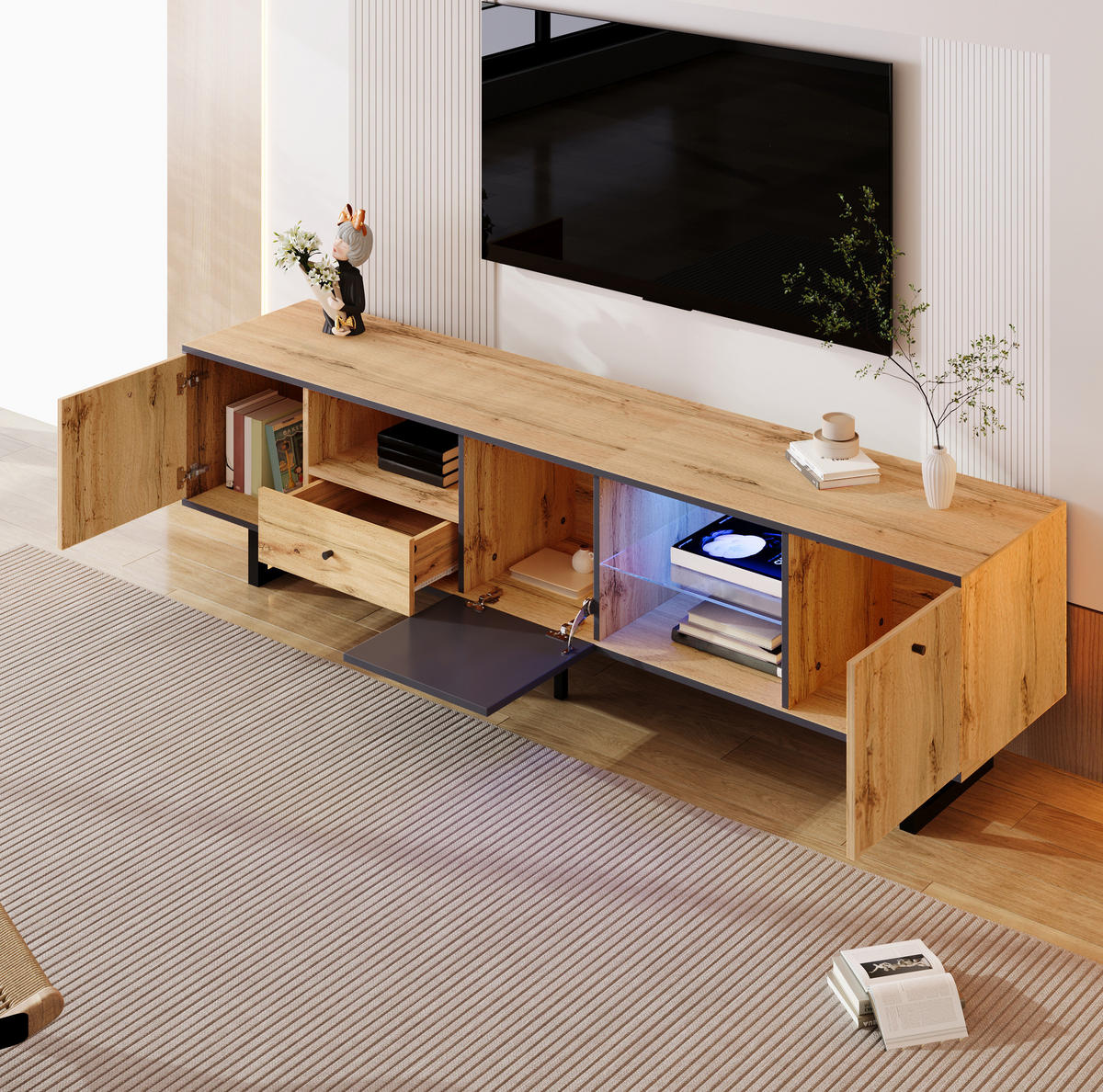TV-LOWBOARD aus Spanplatte 190x40x50 cm Holzfarben/Anthrazit mit LED-Beleuchtung, Glasböden und gedämpften Scharnieren - Naturfarben, Holzwerkstoff (190/50/40cm) - Modfu