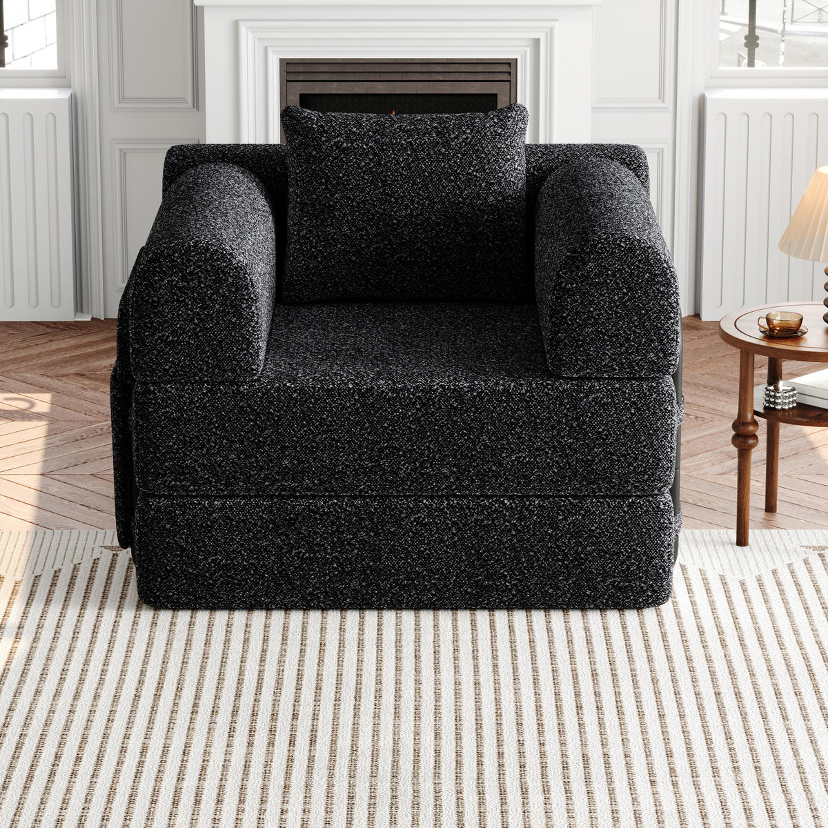 SCHLAFSOFA 2-in-1 mit Armlehnen-Ablagefach Chenille Schwarz 200/90/85 cm - Schwarz, Textil (181.6/49.5/94cm) - OKWISH