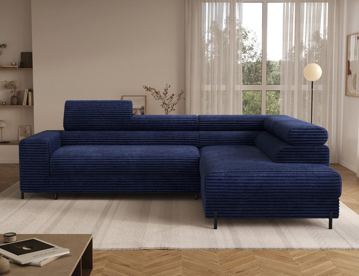 ECKSOFA COLESIO L-Form, Schlaffunktion, Bettkasten, verstellbare Kopfstützen, Wellenfederung, Metallfüße, breiter Cordstoff - Schwarz/Dunkelblau, Kunststoff/Metall (204/269cm) - Wohnideebilder