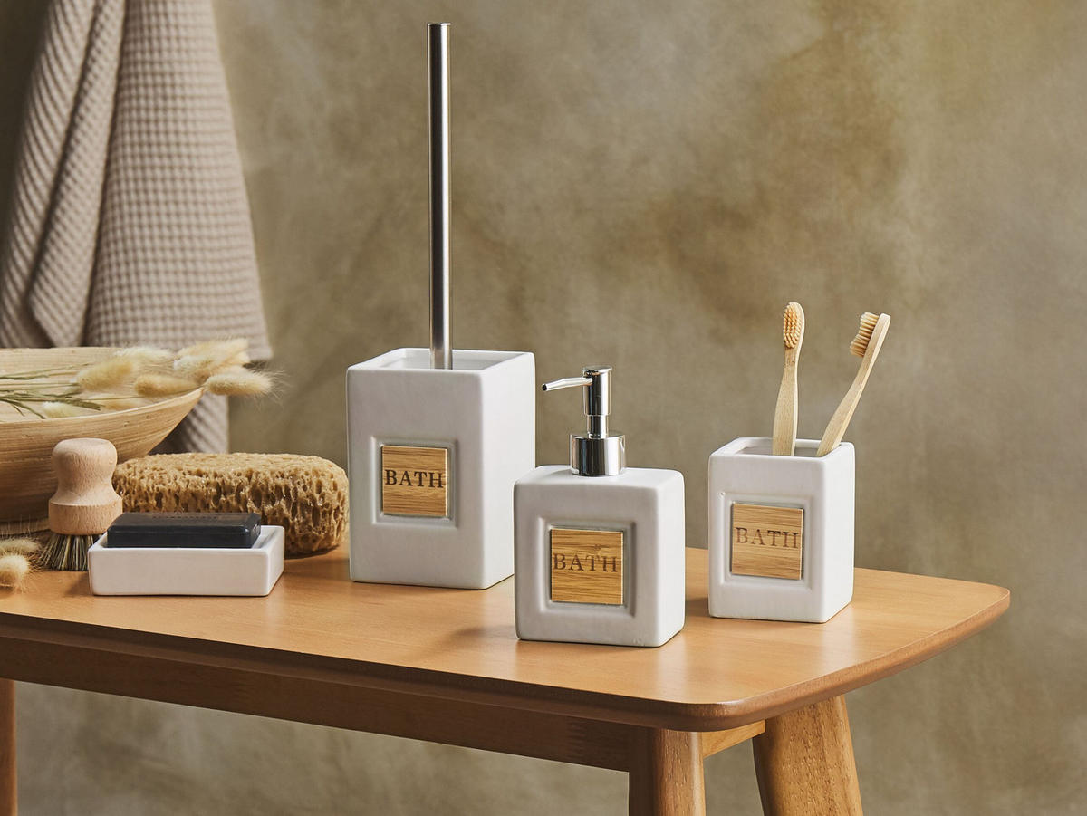 BADEZIMMER Set 4-teilig Keramik beige/heller Holzfarbton Kourou - Hellbraun/Beige, Stein (9/16/6cm) - Beliani