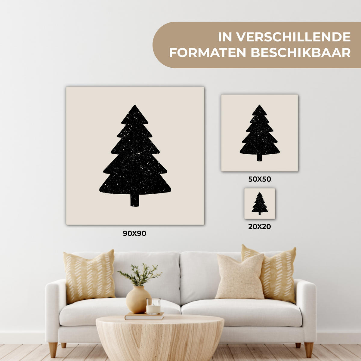 LEINWANDBILD Weihnachtsbaum - Schwarz - Urlaub - Beige Wandbild Wohnzimmer 50x50 cm - Schwarz, Textil (50/50cm) - MuchoWow