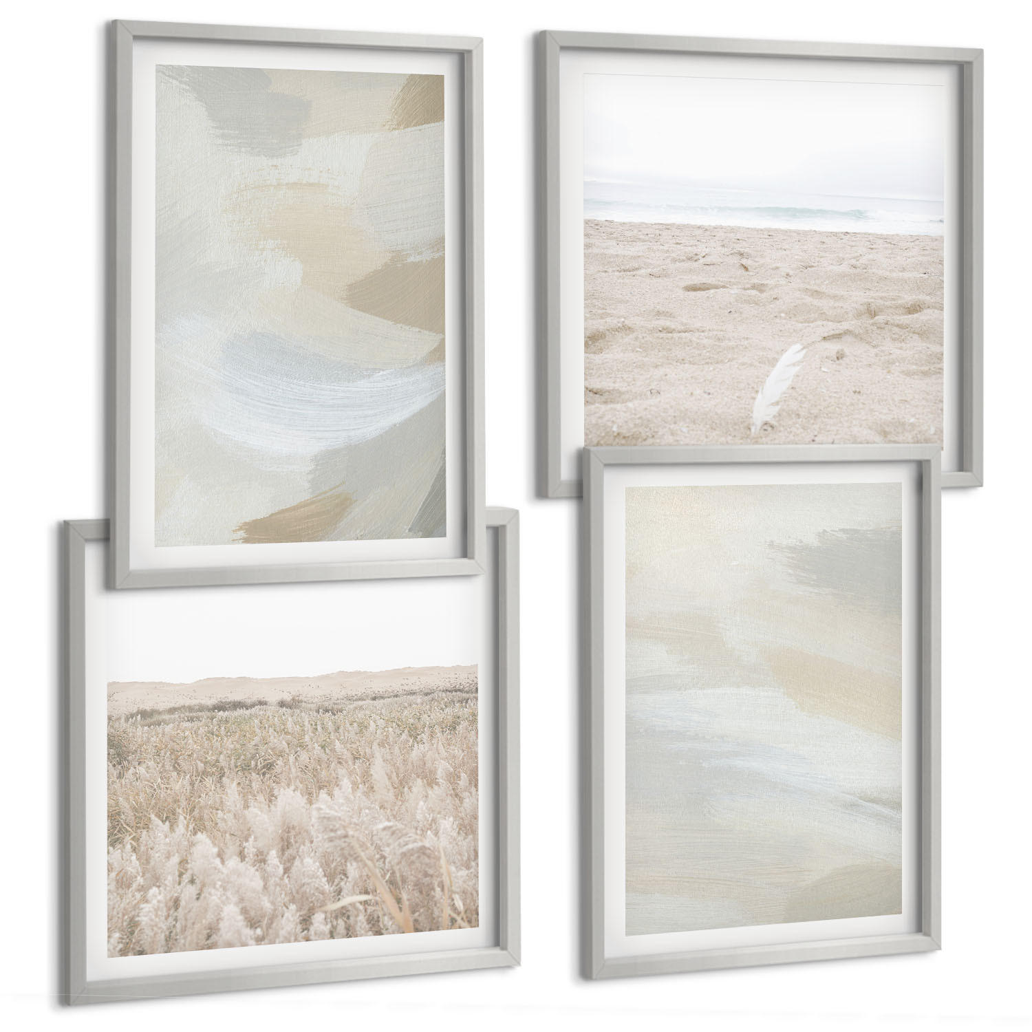 BILDER SET 4er Set - 50x50 cm & 40x60 cm Silberner Rahmen - Abstrakter Hintergrund mit feinen Strichen - Silberfarben, Kunststoff (50/50cm) - TULUP