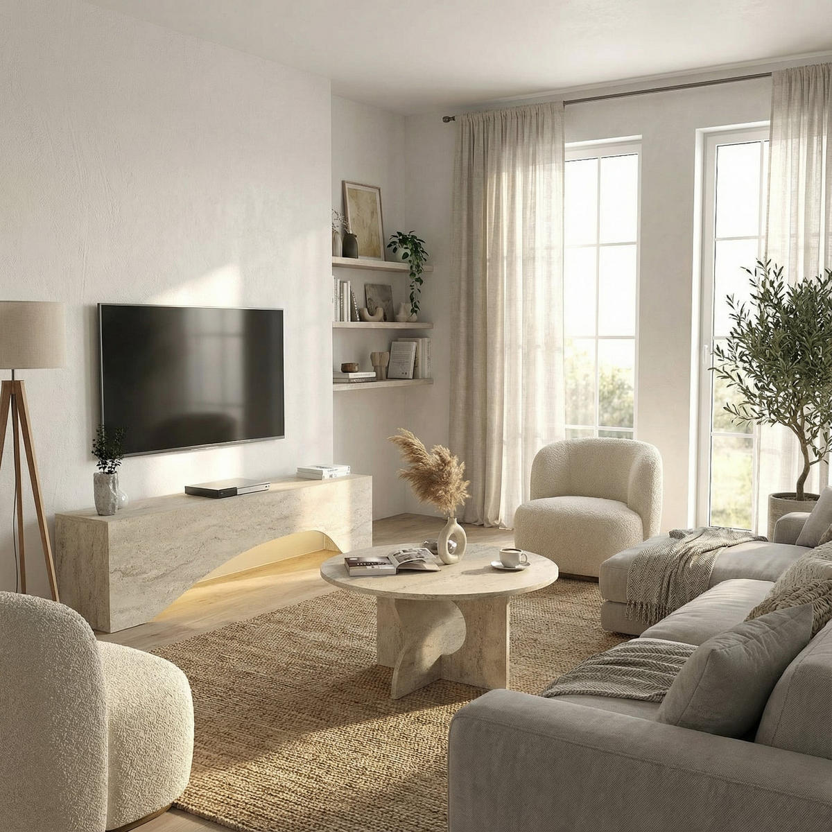 MOEBEL17 Couchtisch Rund Ø 75 cm Travertin Optik Beige – Moderner Wohnzimmertisch Steinoptik – Stabiler Design Sofatisch – Minimalistischer Wohnzimmer - Beige, Holzwerkstoff (75/75/37cm) - moebel17