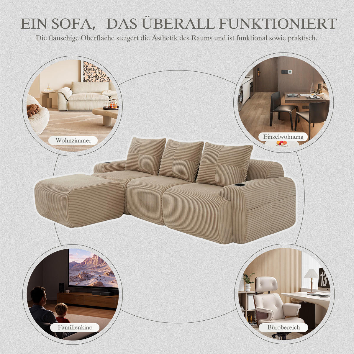 MODULARES 3-Sitzer Sofa Cordstoff mit Hocker Getränkehalter und Seitentasche 268/174/80 cm Sandfarben - Sandfarben, Textil (174/268cm) - Redom