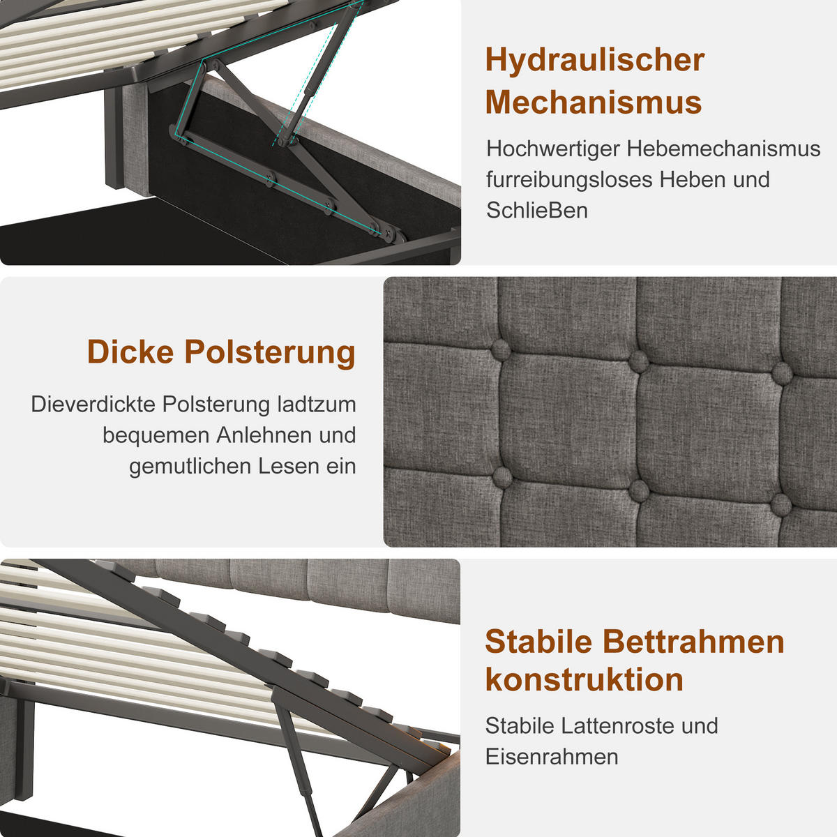 POLSTERBETT 90x200 cm Grau mit LED, Stauraum, USB-C & hydraulischem Lattenrost - Grau, Holz (90/200cm)