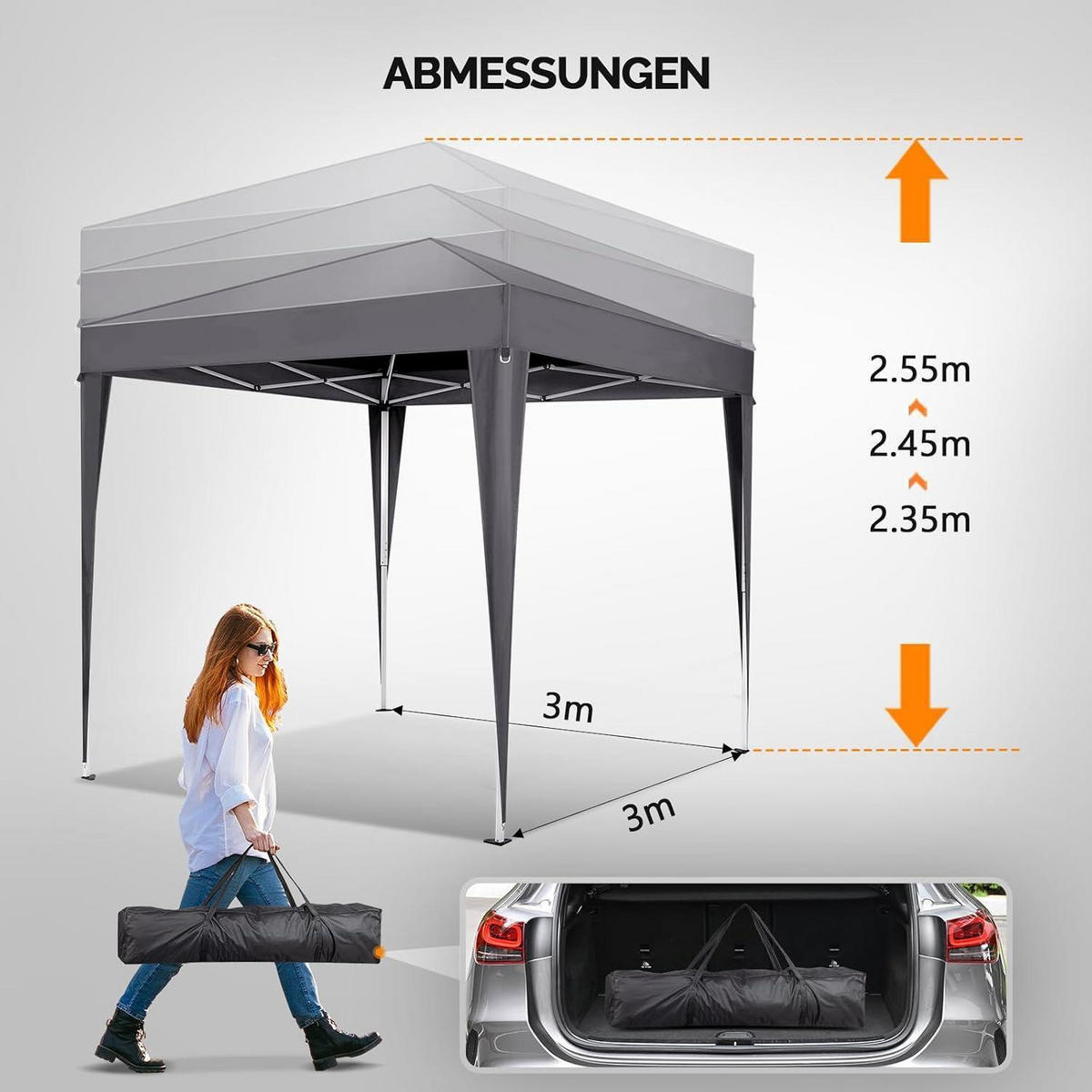 FALTPAVILLON 3x3m mit 4 Seitenteilen, höhenverstellbar in anthrazit - Anthrazit, Metall (300/260/300cm)
