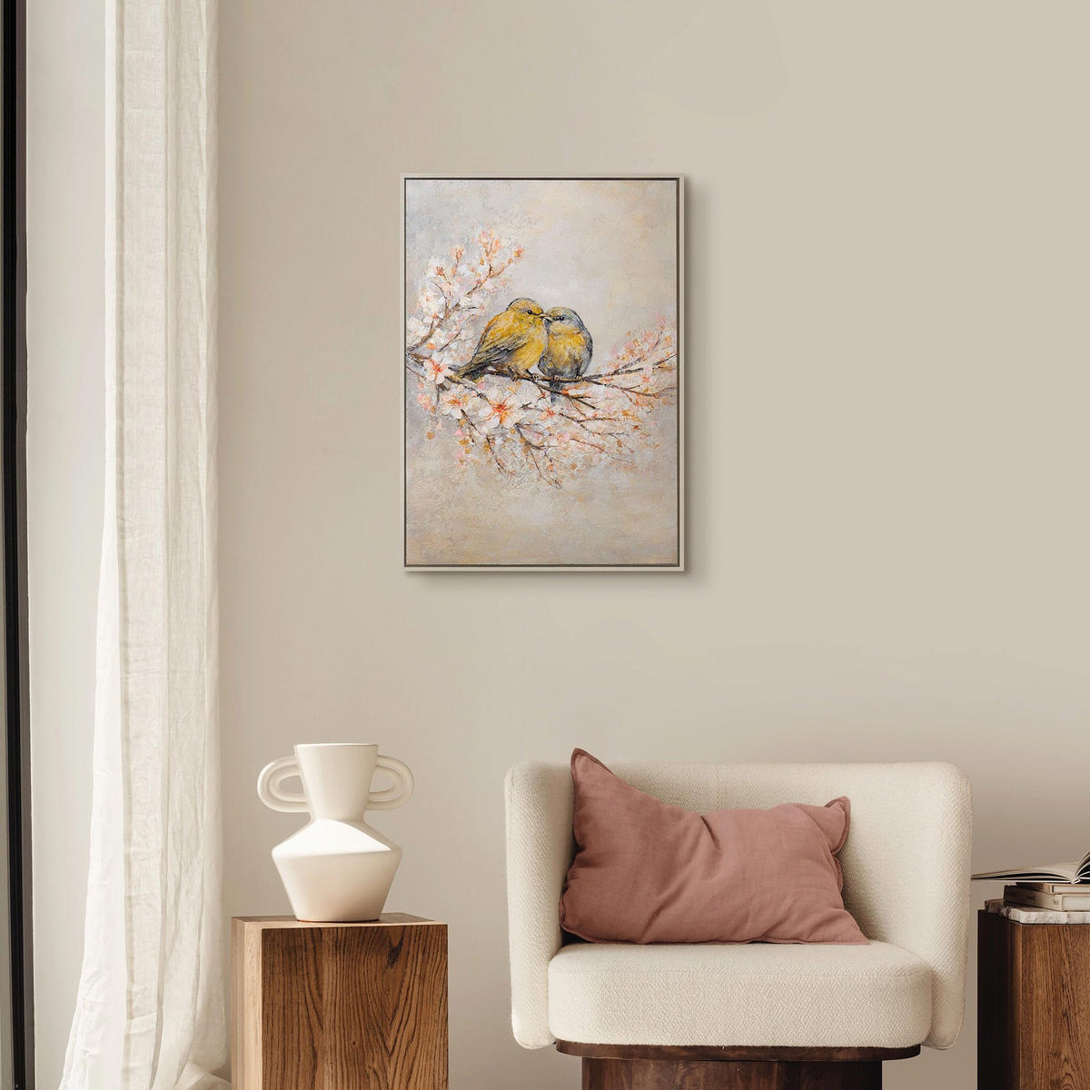 GEMÄLDE Zarte Vögel Schattenfugenrahmen Beige 70x50 cm - Beige, Holz (70/50cm) - YS-art gallery