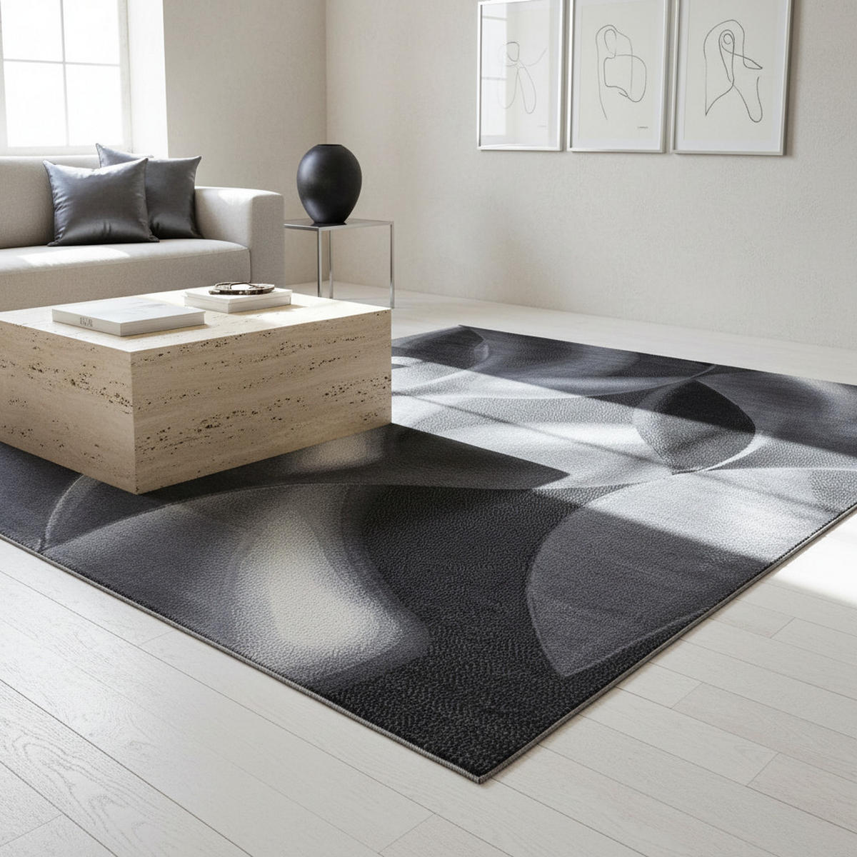 TEPPICH Kurzflor Abstrakte Wellen Polypropylen Wohnzimmer Schwarz Rechteckig 140x200 - Schwarz, Textil (140/200cm) - KADIMA DESIGN