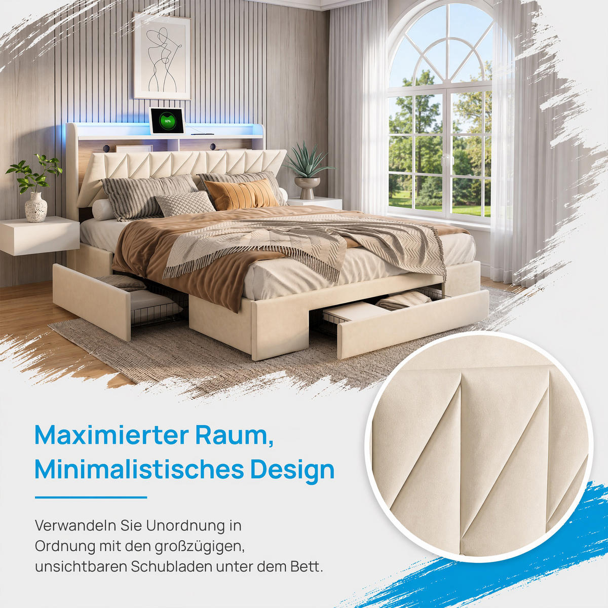 POLSTERBETT 140x200 cm mit 3 Schubladen, bett 140x200 mit USB und LED, Stauraum, Lattenrost, Samt, Beige - Beige, Holz/Textil (140/200cm) - GENKI LIVING