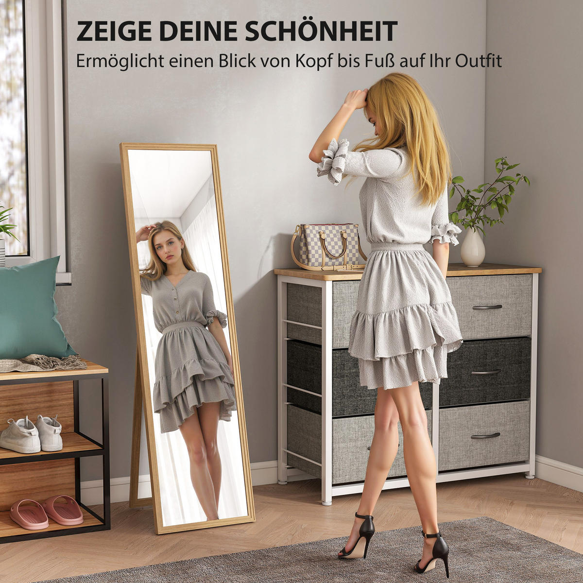 STANDSPIEGEL DE-09994 mit Ständer, freistehend Natur - Hellbraun/Silberfarben, Holzwerkstoff (40/150/3cm) - ComfortXL