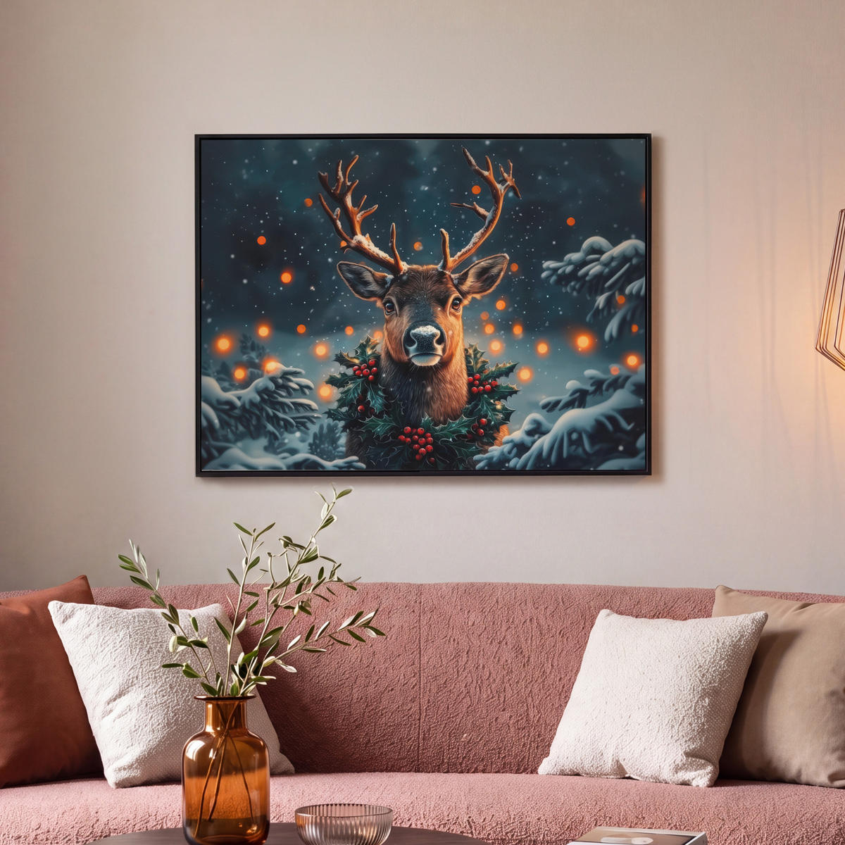 LEINWAND Bilder mit Rahmen - Hirsch - Weihnachten - Winter - Schnee - Weihnachtskranz - 70x50 - Dunkelbraun, Textil (70/50cm) - MuchoWow