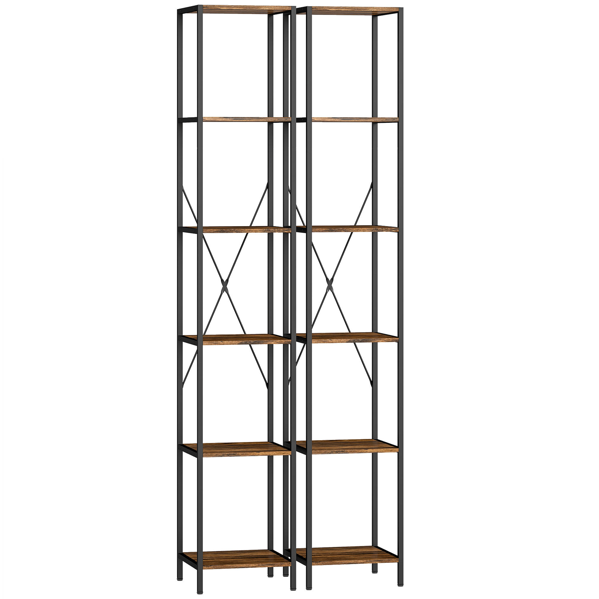 BÜCHERREGAL 2er-Set Regal mit 6 Ebenen Standregal mit Stahlrahmen Rustikal-Braun - Schwarz/Braun, Holzwerkstoff/Metall (30/174.5/30cm) - HOMCOM