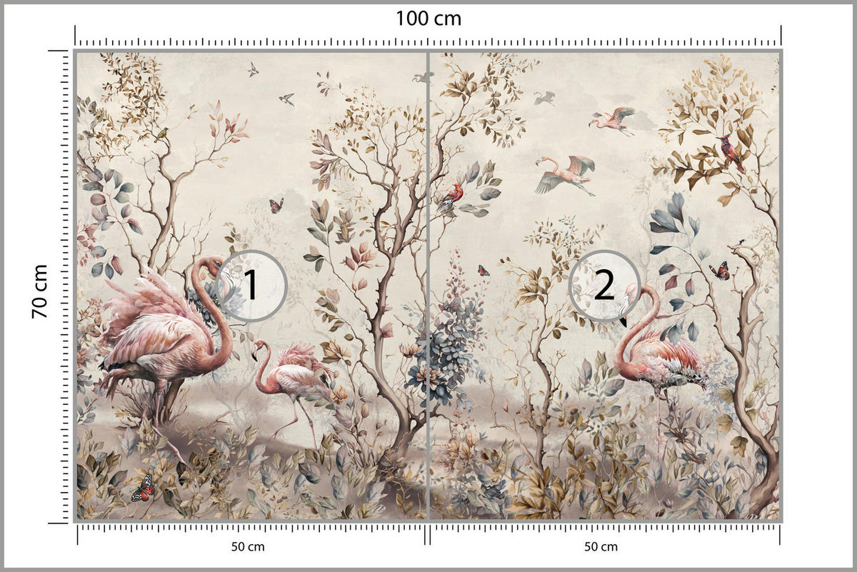 FOTOTAPETE für Wohnzimmer Wunderschöne Flamingos Natur Schmetterlinge 100x70 - Multicolor, Papier (100/70cm) - Muralo
