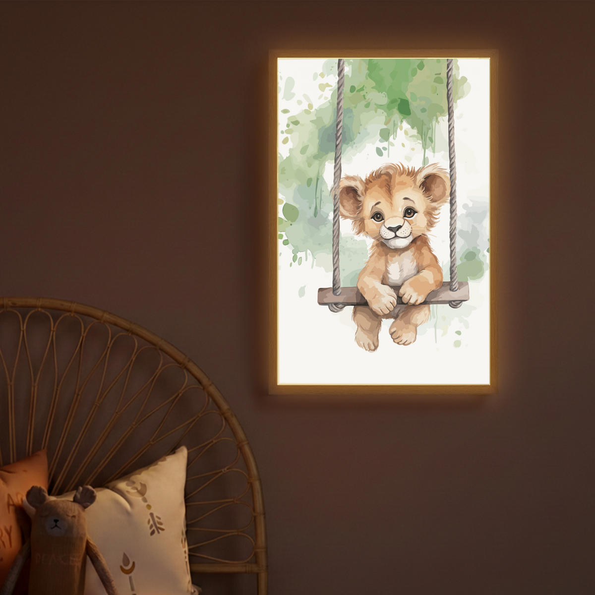 NACHTTISCHLAMPE MIT AKKU Löwe - Tier - Kinder - Dschungel 40x60 cm - Weiß, Holzwerkstoff (8/40/60cm) - OnlyWow