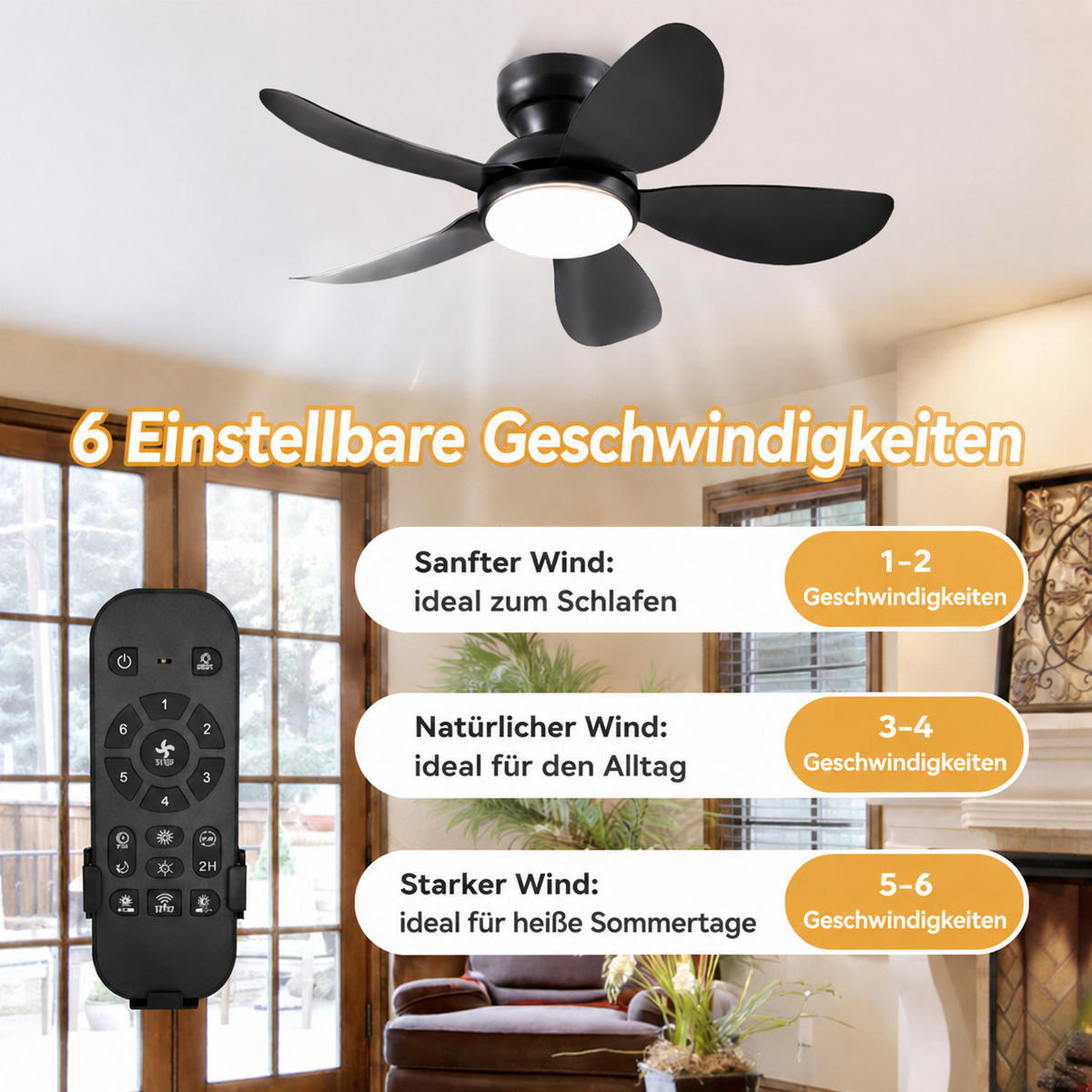 DECKENVENTILATOR Schwarz 91,4 cm mit LED und leisem DC-Motor - Schwarz, Kunststoff (91.4/91.4/24cm) - Surtime