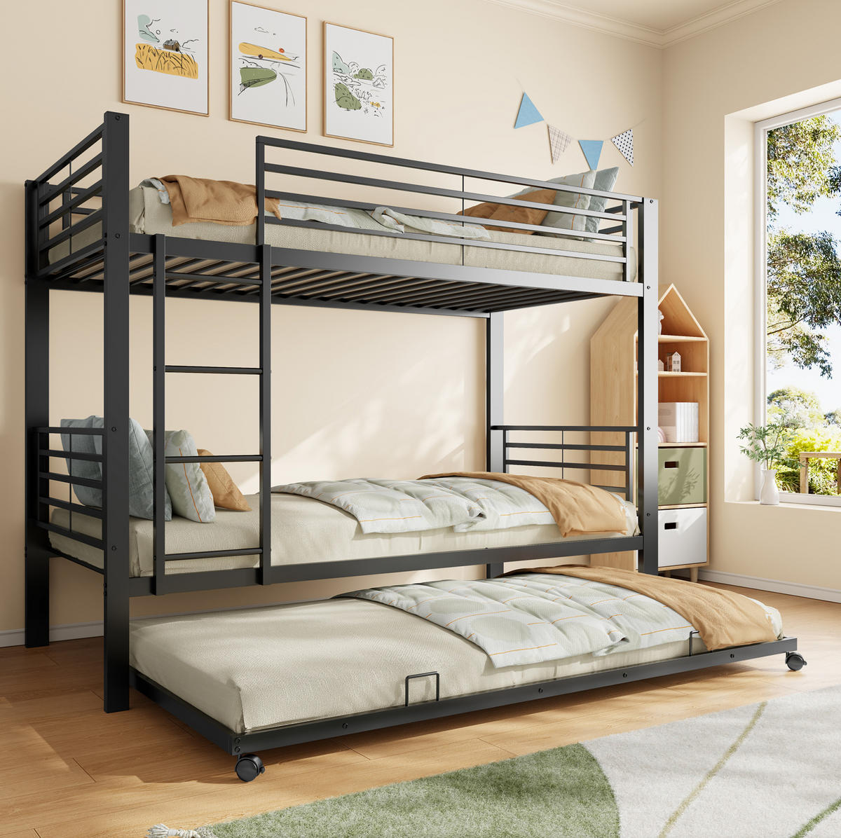 ETAGENBETT 90/200 cm in Schwarz aus Metall mit Bett für 3 Schlafplätze - Schwarz, Metall (90/200cm) - Flora Grace