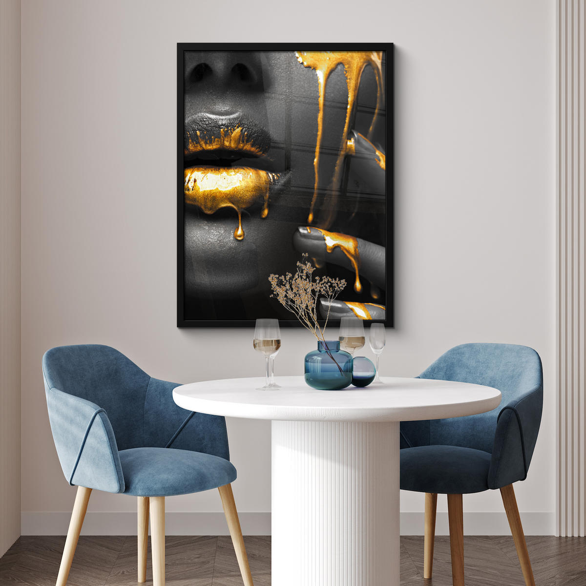 GERAHMTES BILD Frau - Schwarz - Gold - Gesicht - Lippen 60x80 cm - Goldfarben, Papier (60/80cm) - MuchoWow